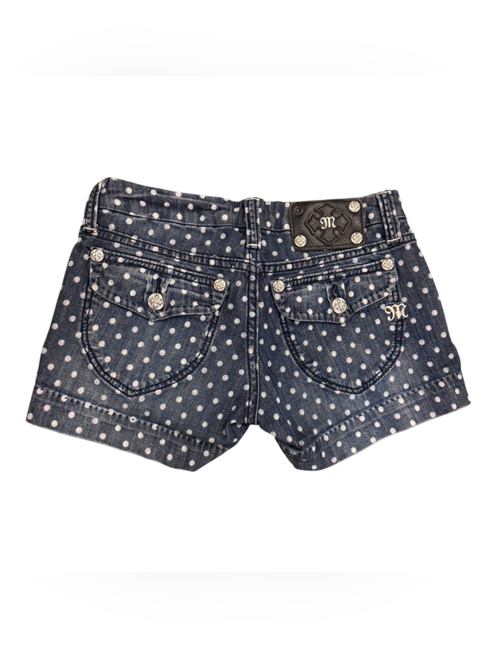 Miss Me Dark Blue Polka Dot Denim Shorts 26 - Picture 2 of 5